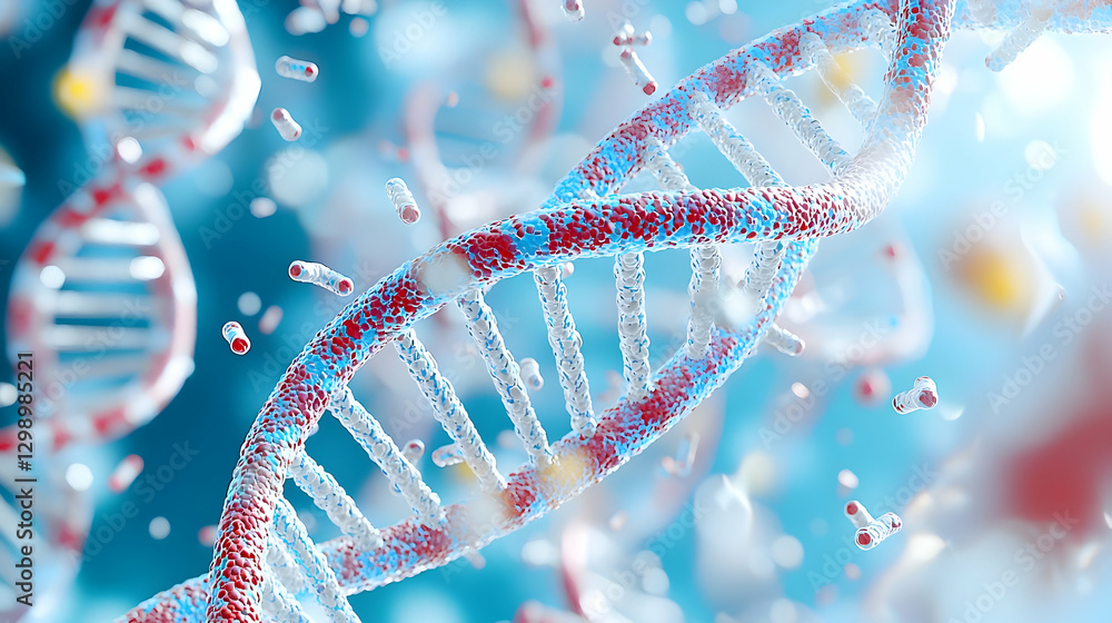 Poster dna double helix structure in blue background with red elements and bright light