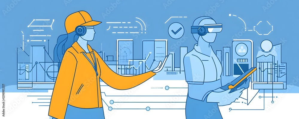 Poster two individuals interacting with virtual reality and digital interfaces