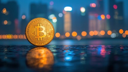 Golden Bitcoin coin in focus with a blurred city skyline and colorful lights in the background