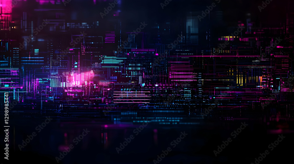 Poster abstract digital network of illuminated lines creating futuristic neon grid pattern