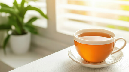 warm cup of tea sits on saucer in sunlit room, surrounded by greenery