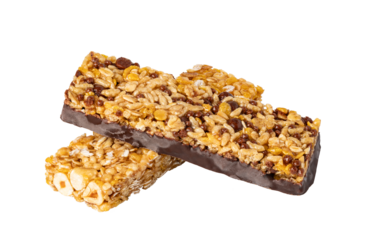 Two cereal bars with chocolate and hazelnuts isolated on transparent background