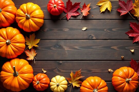 Autumn scene with colorful pumpkins arranged on rustic wooden background with fall leaves, colorful, autumn