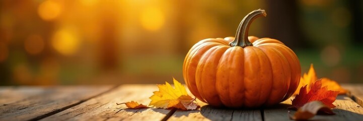 Golden pumpkin glowing in the sunlight on a rustic wooden table, fall, warmth