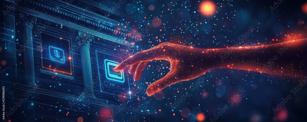 Poster digital technology interface with a hand reaching holographic application icons