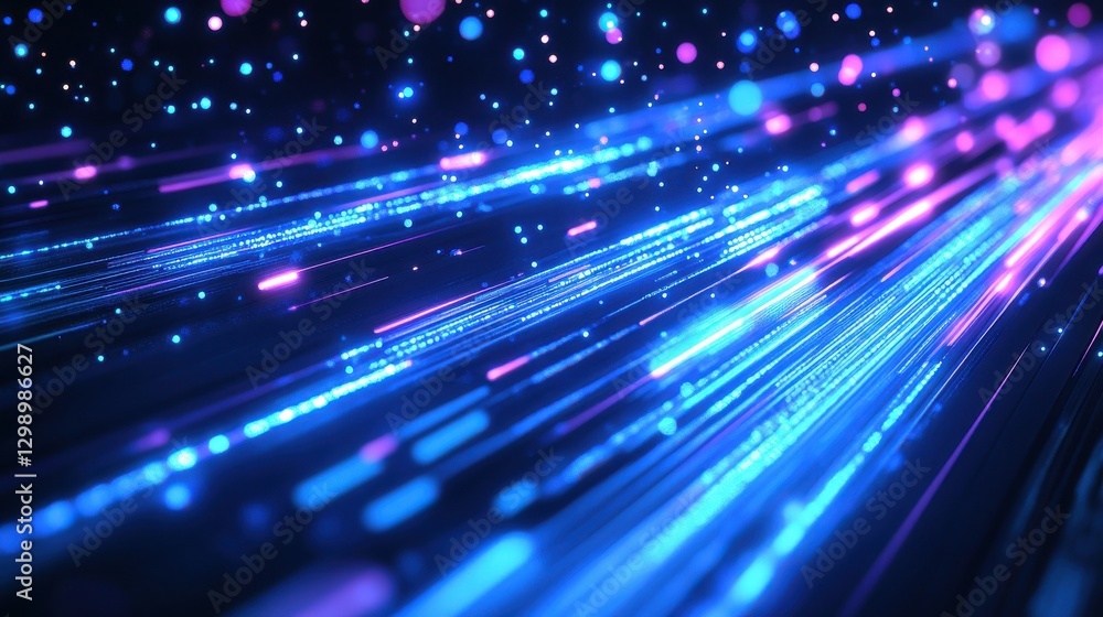 Poster abstract background with blue glowing neon lines and bokeh lights. data transfer concept. digital wa