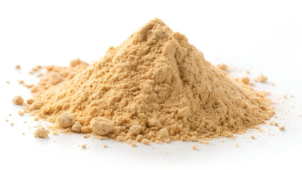 A heap of finely ground maca powder with a light beige color, isolated on a clean white background for a natural, organic look.