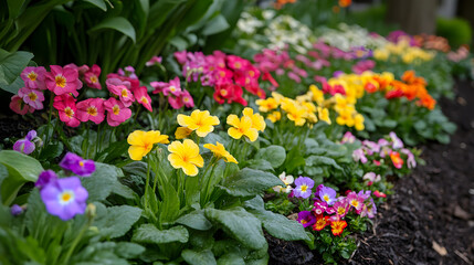 A flower border decorated with multicolored primroses, adding charm and vibrancy to the garden in the early spring.