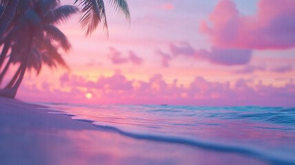 A serene beach scene at sunset, with gentle waves lapping at the shore and palm trees silhouetted against a colorful sky.