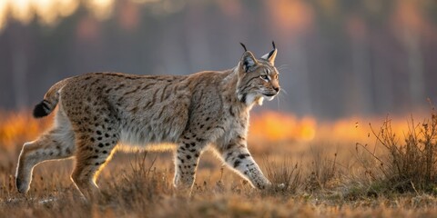 Fototapeta premium a lynx gracefully stalking through a grassy field with a blurred background of warm colors 
