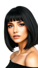 Naklejka premium Young brunette beauty with bob haircut and professional makeup poses elegantly in front of the camera