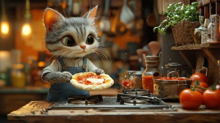 Adorable cat cooking pizza in cozy kitchen whimsical food art home environment playful perspective culinary delight