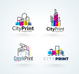 Obraz premium Set Logo City Print СMYK Printing Polygraphy theme. Silhouette Buildings lines style. Template design vector. White background.