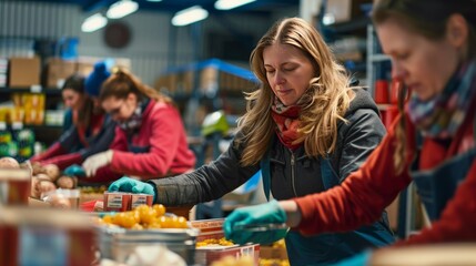 Obraz premium Volunteers sorting donations at a community food bank with
