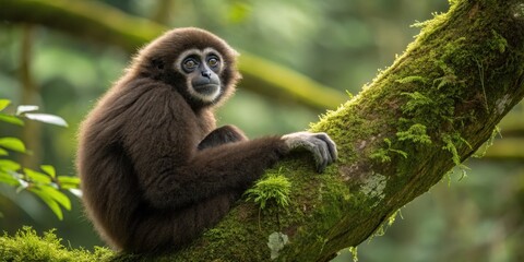 Obraz premium a cute gibbon monkey perched on a tree branch, looking curiously at the camera