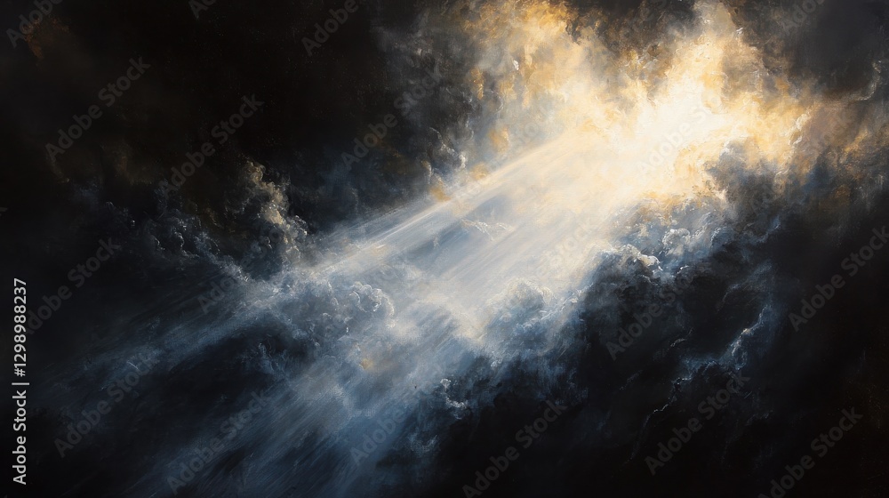 Poster bright light shines through a dark background, creating a striking diagonal composition with intense