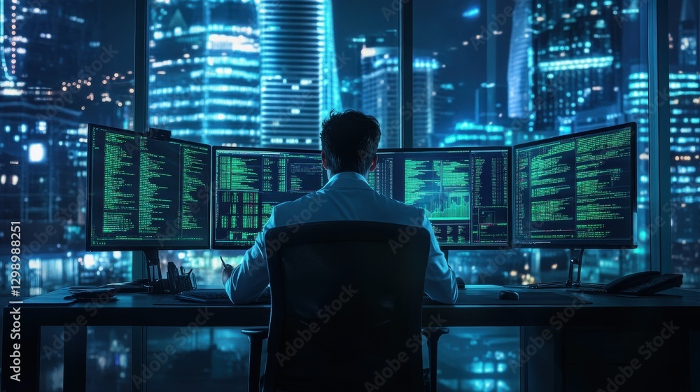 Poster a professional trader intensely monitoring several computer screens with green-lit data displays in 