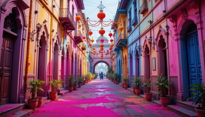 Fototapeta premium An empty street is bathed in the soft light of morning, its surface adorned with vibrant colors from the Holi festival, exuding a serene post-celebration atmosphere