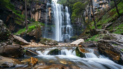 Obraz premium Waterfall cascading down a rocky cliff with