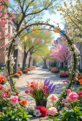 Fototapeta premium a serene and picturesque garden pathway framed by a circular arch adorned with colorful pennant flags