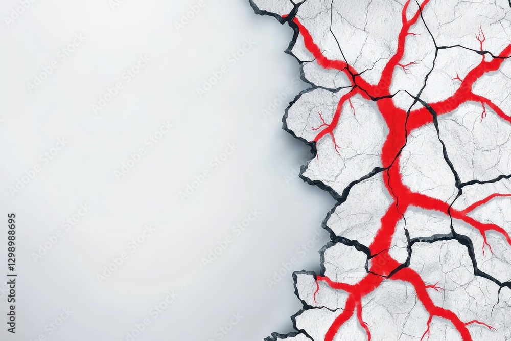 Poster cracked surface with red veins on a light background, creating a striking visual contrast.