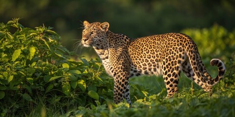 Obraz premium a leopard standing gracefully in its natural habitat with spotted coat and attentive gaze. The sun casts a warm glow, highlighting the lush vegetation