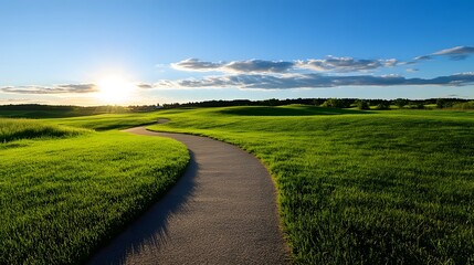 Fototapeta premium Serene Suburban Landscape with Winding Road at Peaceful Sunrise
