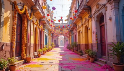 An empty street is bathed in the soft light of morning, its surface adorned with vibrant colors from the Holi festival, exuding a serene post-celebration atmosphere