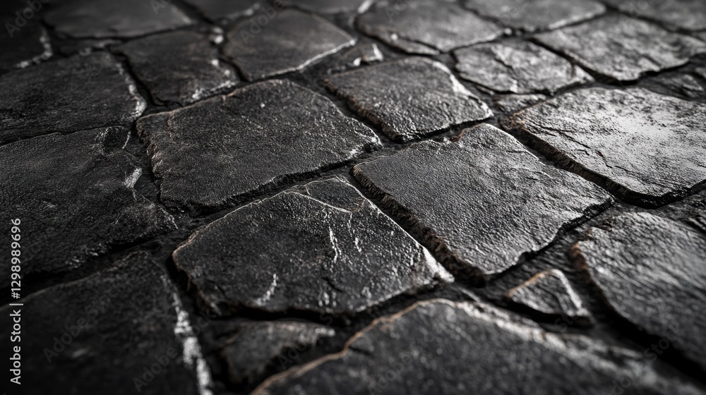 Poster dark textured cobblestone pathway with wet surface reflections