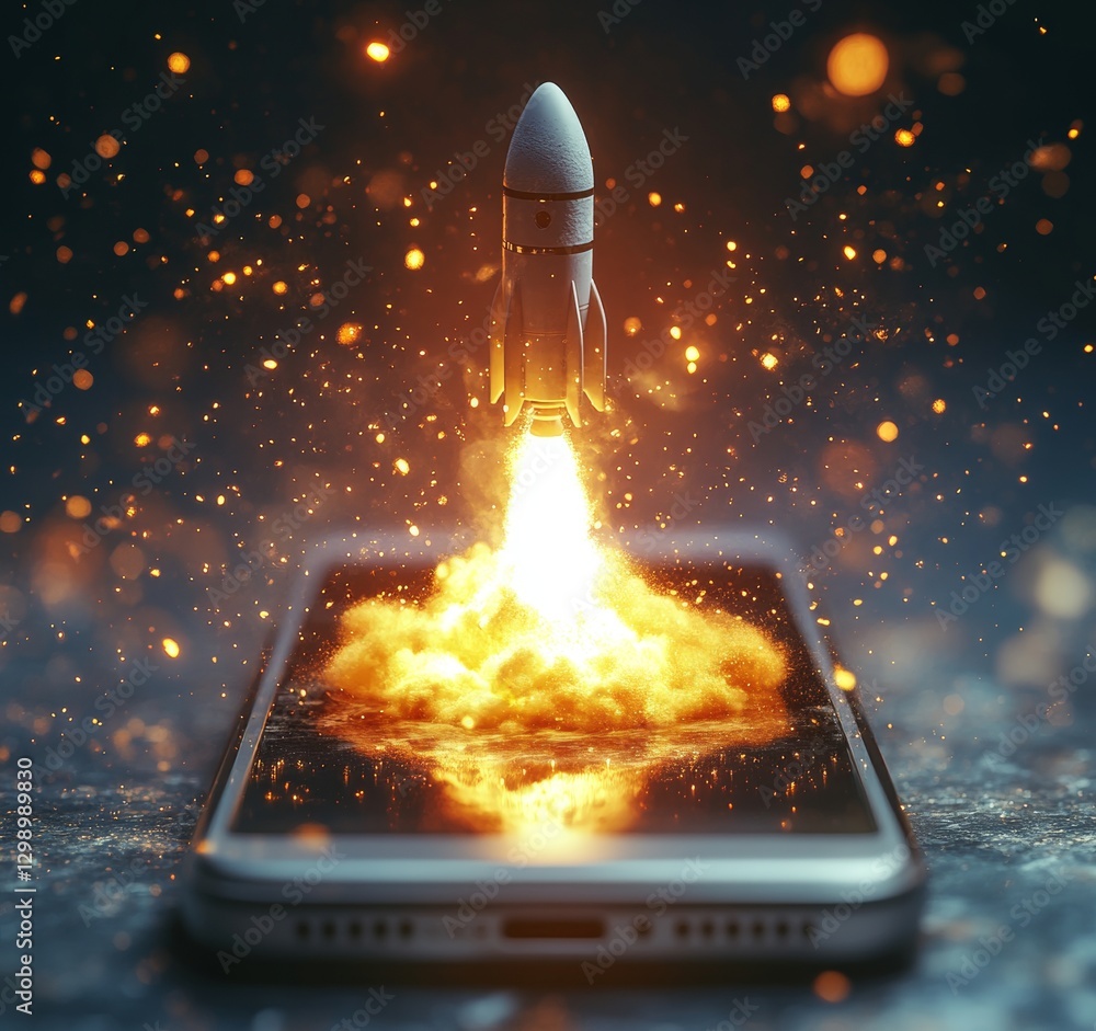 Aufkleber rocket launching from smartphone innovative technology concept digital environment explosive visual 