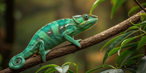 a vibrant chameleon perched on a branch, displaying its unique ability to camouflage itself in the environment