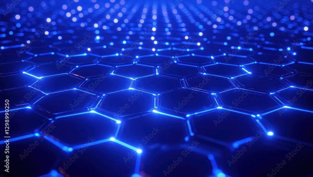 Poster high-resolution abstract background of illuminated hexagonal patterns in blue color with bright ligh