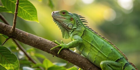 Obraz premium a green iguana resting on a tree branch, with green leaves in the background. The iguana's scales and features are visible