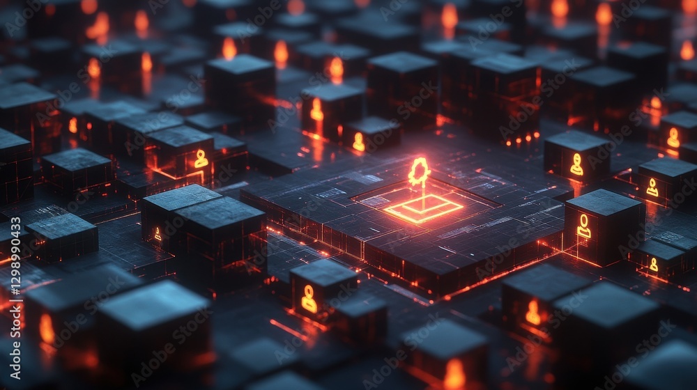 Poster network of interconnected blocks with glowing icons representing people, symbolizing the global reac