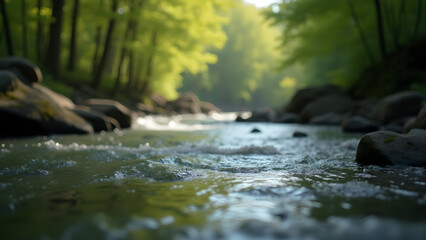 Sunlight Dappled Creek Flowing Through Woods