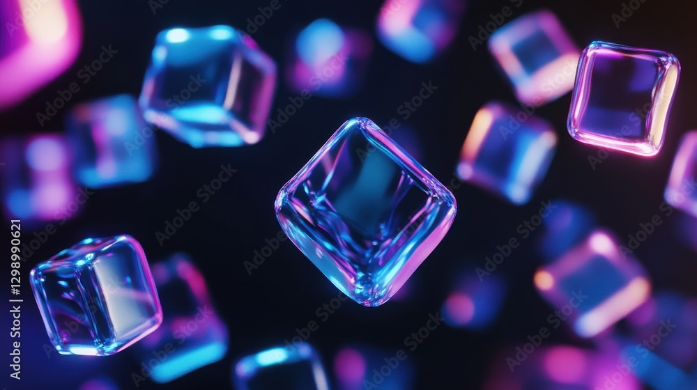 Poster abstract digital background featuring floating blue and purple cubes in a dark space, creating a fut