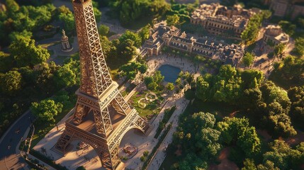 aerial view of the Eiffel Tower and its surrounding area in Paris, captured during a time of day that accentuates the structure's intricate design and the lush greenery of the nearby parks.