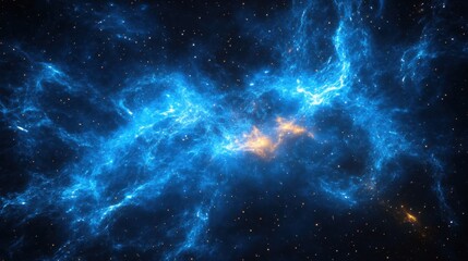Stunning cosmic nebula with vibrant blue and orange hues, set against a starry background