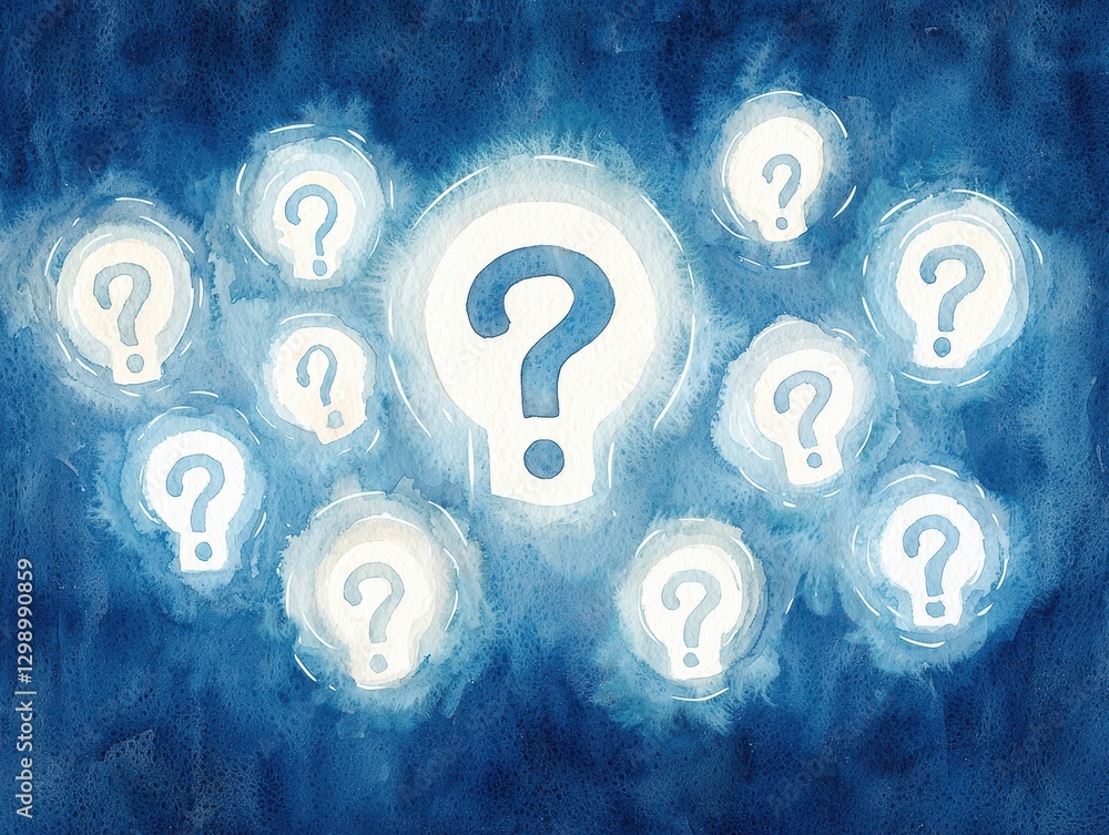 Poster illuminated question marks on a dark blue background symbolize inquiry and curiosity.
