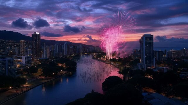 Spectacular Fireworks Display over Ala Moana Canal, Honolulu