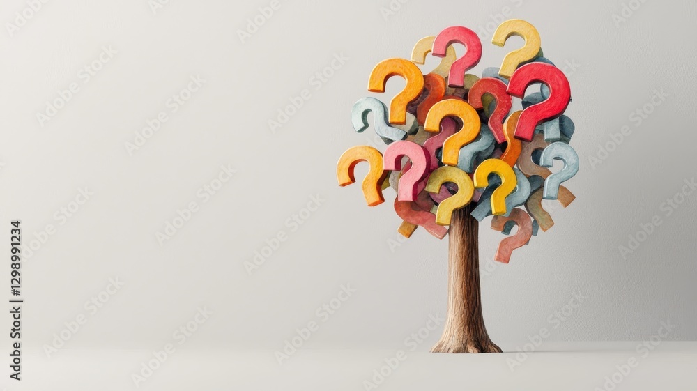 Poster colorful question marks form a tree, symbolizing curiosity and inquiry.