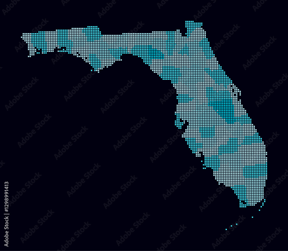 Poster florida dotted map. digital style map of the state on dark background. florida shape with square dot