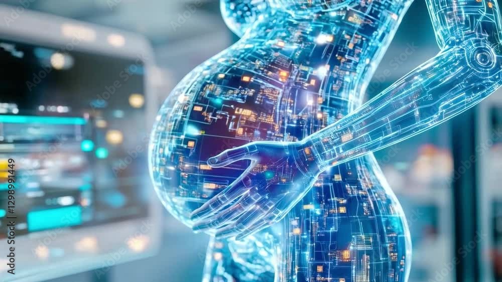 Poster A futuristic representation of a pregnant robot, showcasing elements of advanced technology and bioengineering. This synthetic figure emphasizes innovation in prenatal care and surrogacy.