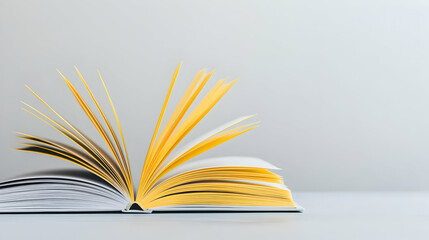 Fototapeta premium Open Book Showing Golden Pages On A White Surface With Blurred Background