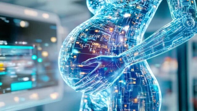 A futuristic representation of a pregnant robot, showcasing elements of advanced technology and bioengineering. This synthetic figure emphasizes innovation in prenatal care and surrogacy.