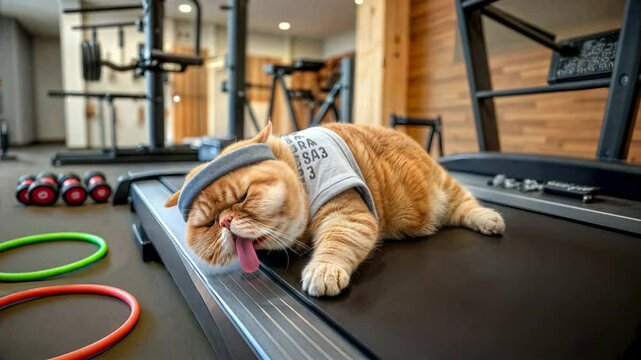 Chubby, lazy sport cat. Overweight cat lies flat on a treadmill in a gym, wearing sport outfit. Exhausted and tired after a brief attempt to exercise, heavy breathing. Funny fitness and laziness pet