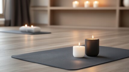 A serene yoga studio setting featuring lit candles on a gray mat, enhancing the tranquil atmosphere ideal for meditation or relaxation, Perfect for wellness-related marketing or spa promotion,