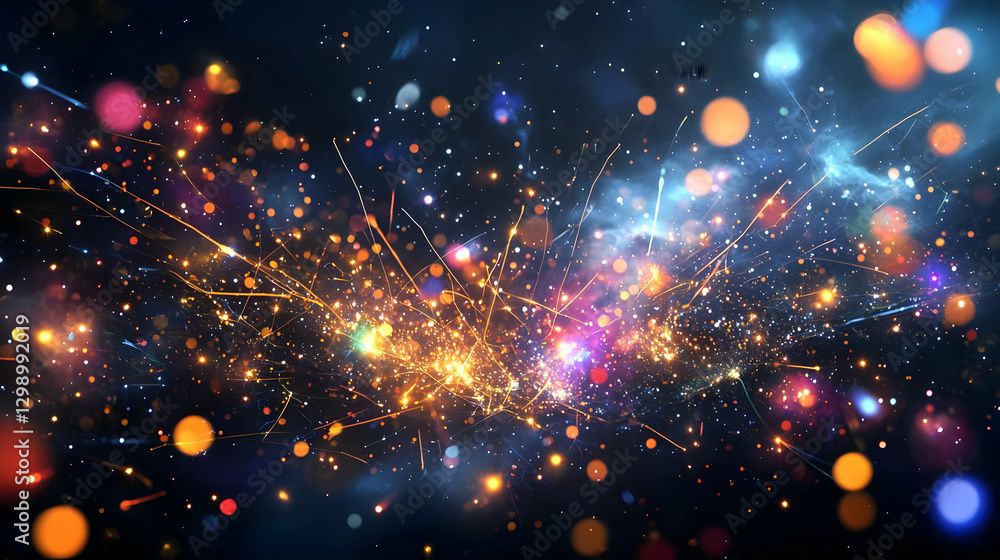 Poster abstract festive light explosion with dynamic bokeh and glittering sparkles in space