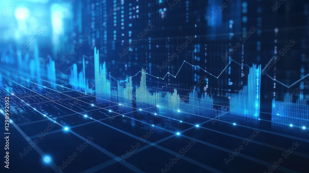Poster digital financial data visualization with blue bar graphs and line charts