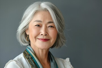 A graceful elderly Asian woman with silver hair smiles warmly, exuding confidence and serenity against a muted background.